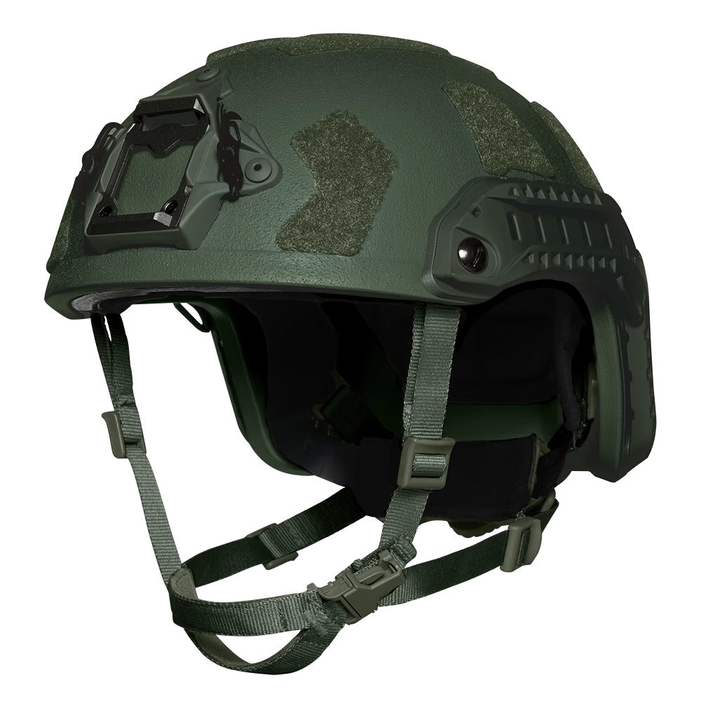 Front view of OD Green Level IIIA FAST SF maritime tactical ballistic helmet, UHMWPE military combat helmet with front mount and hook-and-loop patches