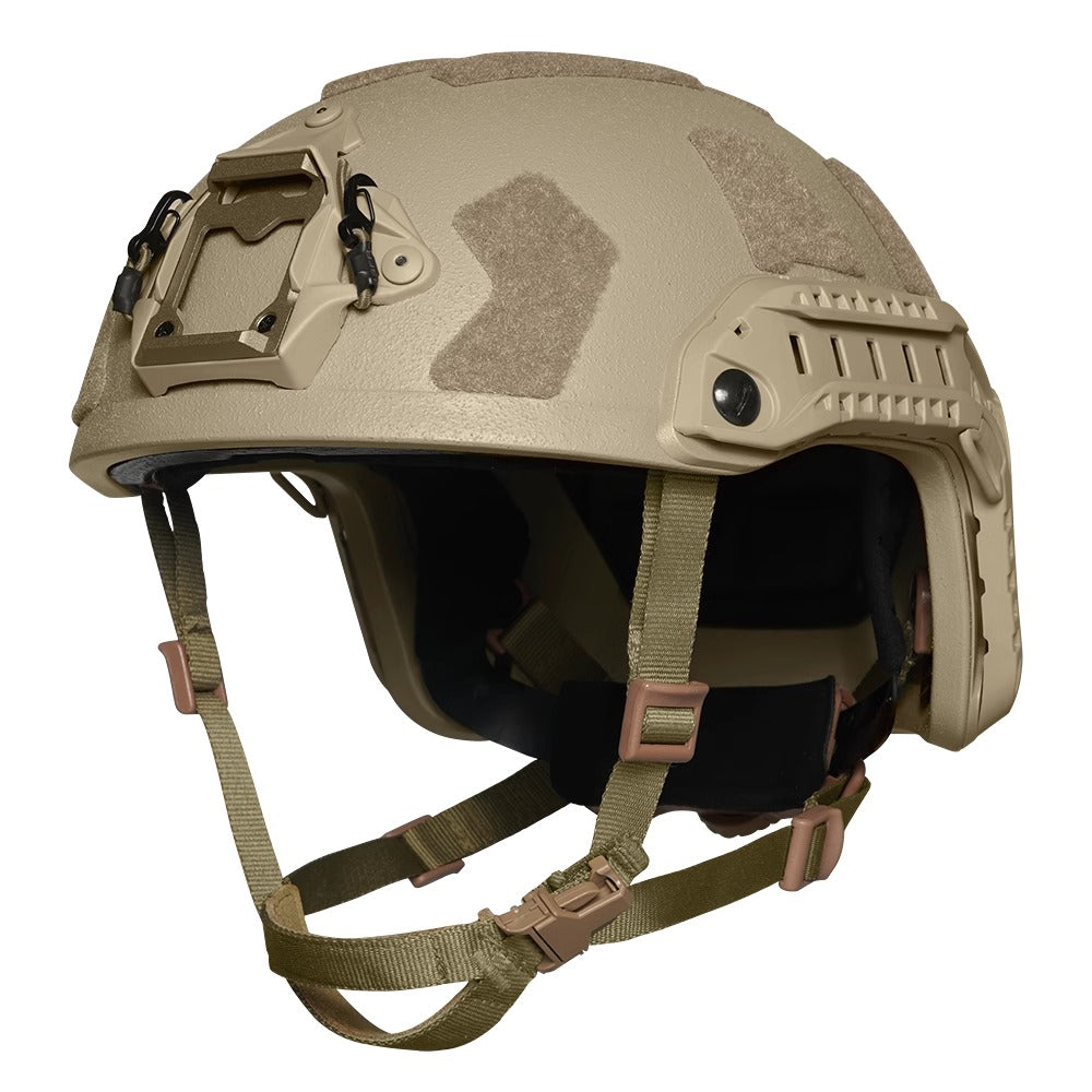 Front view of Tan Level IIIA FAST SF maritime tactical ballistic helmet, UHMWPE military combat helmet with front mount and hook-and-loop patches