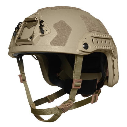 Front view of Tan Level IIIA FAST SF maritime tactical ballistic helmet, UHMWPE military combat helmet with front mount and hook-and-loop patches