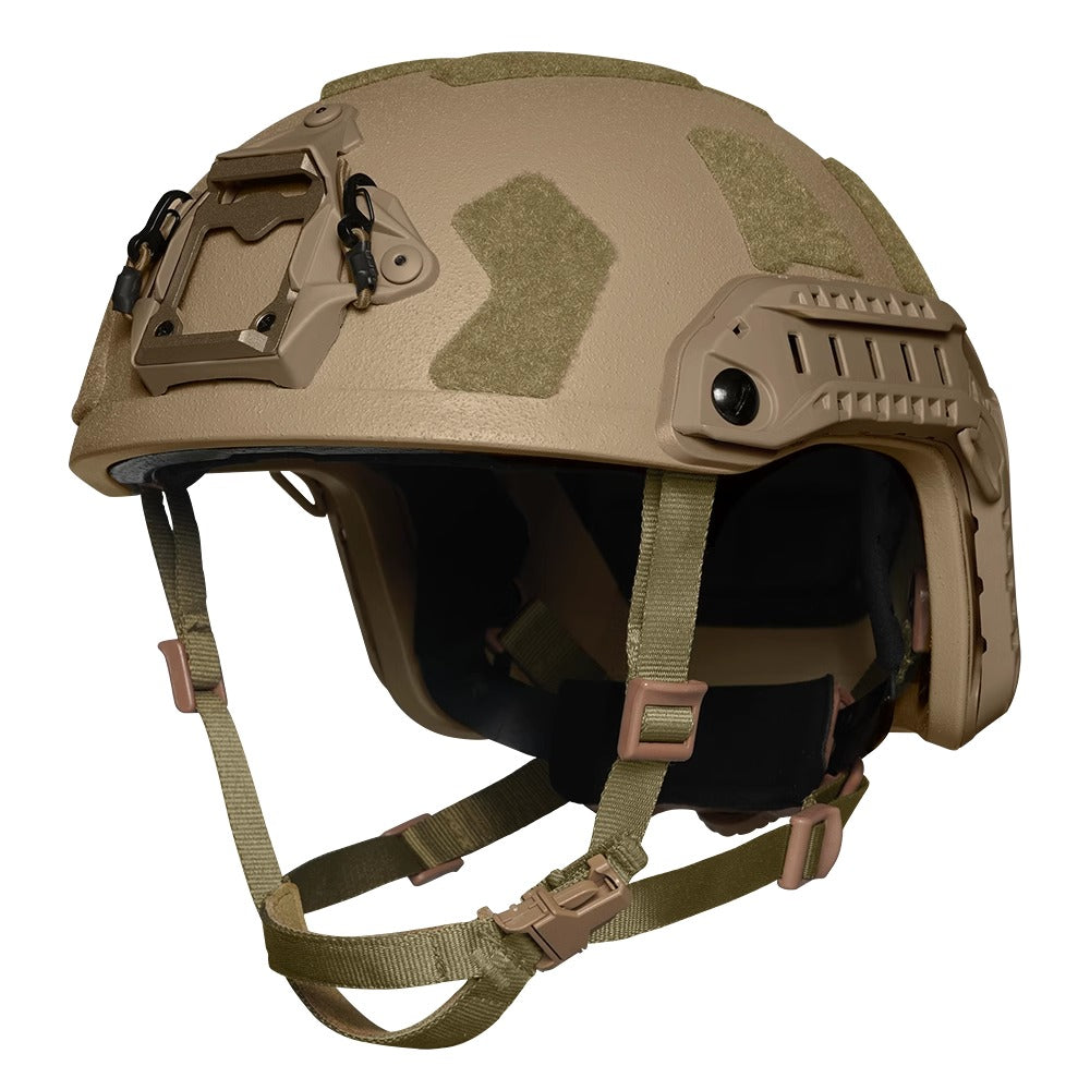 Front view of Tan Level IIIA FAST SF maritime tactical ballistic helmet, UHMWPE military combat helmet with front mount and hook-and-loop patches