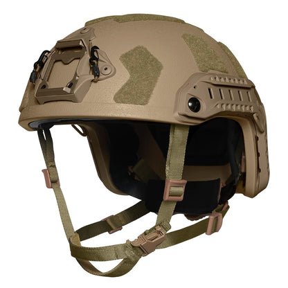 Front view of Tan Level IIIA FAST SF maritime tactical ballistic helmet, UHMWPE military combat helmet with front mount and hook-and-loop patches