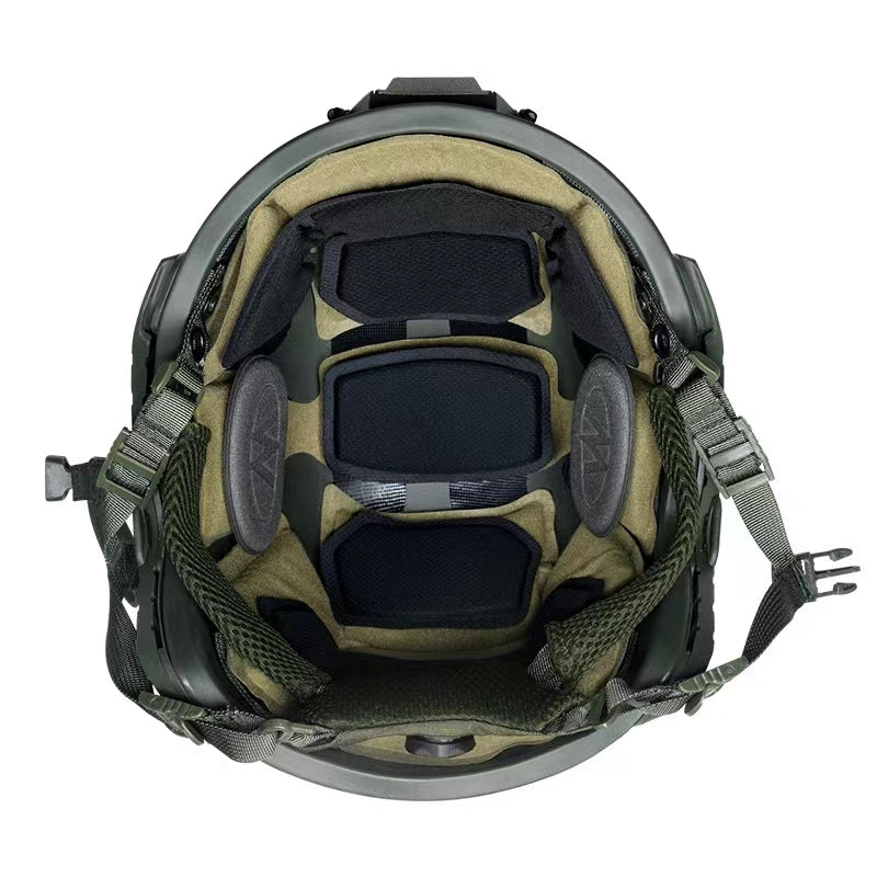 Inner view of OD Green Level IIIA FAST SF maritime tactical ballistic helmet, UHMWPE military combat helmet with padded suspension liner
