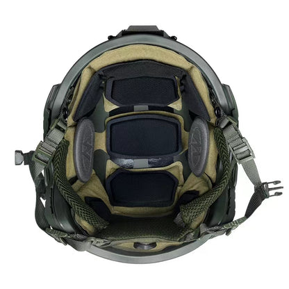 Inner view of OD Green Level IIIA FAST SF maritime tactical ballistic helmet, UHMWPE military combat helmet with padded suspension liner