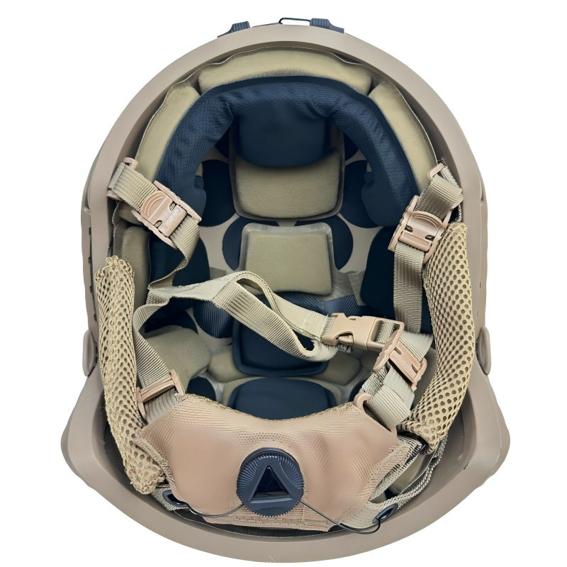 Inner rear view of Tan Level IIIA FAST SF maritime tactical ballistic helmet, showing padded suspension liner and rear adjustment knob