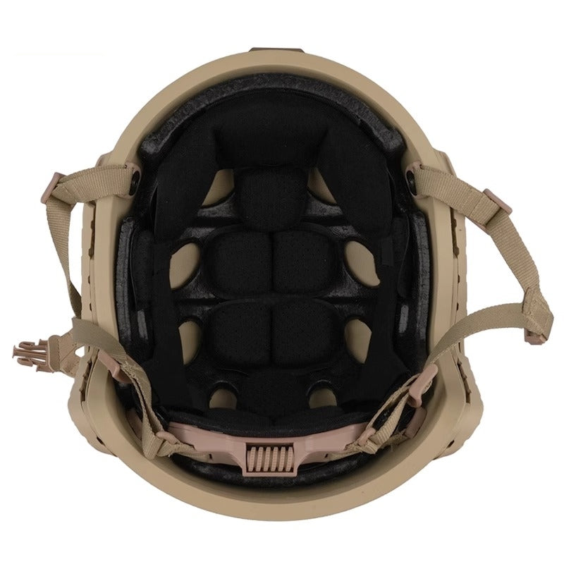 Inner view of Tan Level IIIA FAST SF maritime tactical ballistic helmet, UHMWPE military combat helmet with padded suspension liner
