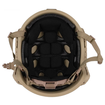Inner view of Tan Level IIIA FAST SF maritime tactical ballistic helmet, UHMWPE military combat helmet with padded suspension liner
