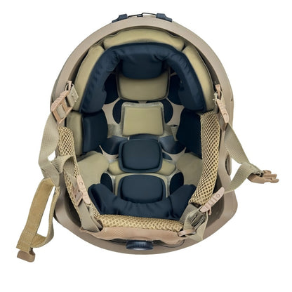 Inner view of Tan Level IIIA FAST SF maritime tactical ballistic helmet, showing padded suspension liner and Aramid shell construction