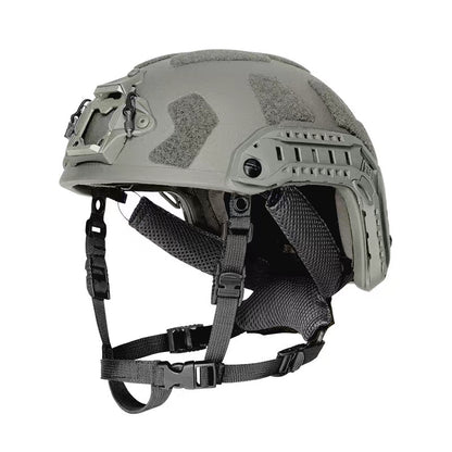 Profile view of FG Green Level IIIA FAST SF maritime tactical ballistic helmet, UHMWPE military combat helmet with side rails and hook-and-loop patches