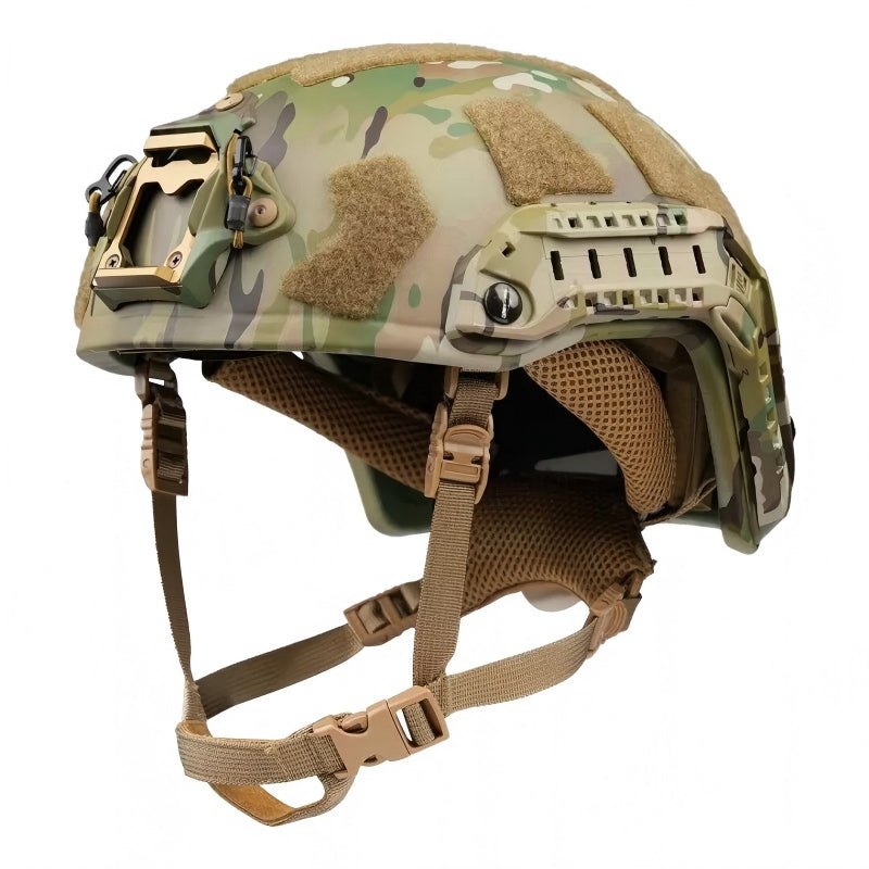 Profile view of MC camo Level IIIA FAST SF maritime tactical ballistic helmet, UHMWPE military combat helmet with side rails and hook-and-loop patches
