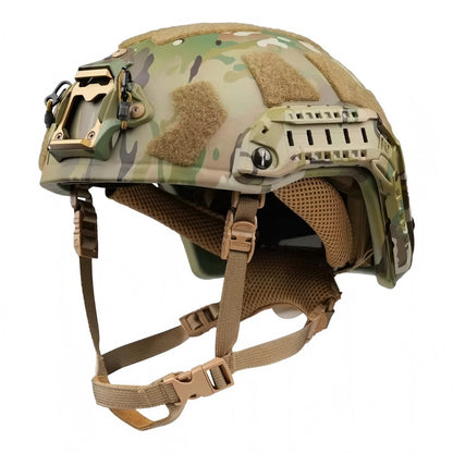 Profile view of MC camo Level IIIA FAST SF maritime tactical ballistic helmet, UHMWPE military combat helmet with side rails and hook-and-loop patches