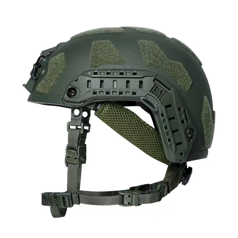 Profile view of OD Green Level IIIA FAST SF maritime tactical ballistic helmet, UHMWPE military combat helmet with side rails and hook-and-loop patches