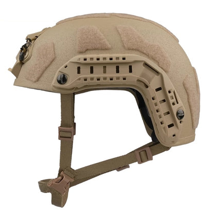 Profile view of Tan Level IIIA FAST SF maritime tactical ballistic helmet, UHMWPE military combat helmet with side rails and hook-and-loop patches