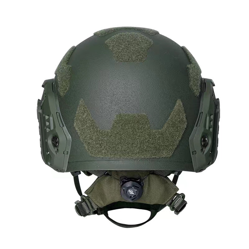 Rear view of OD Green Level IIIA FAST SF maritime tactical ballistic helmet, UHMWPE military combat helmet with hook-and-loop patches and adjustable retention system
