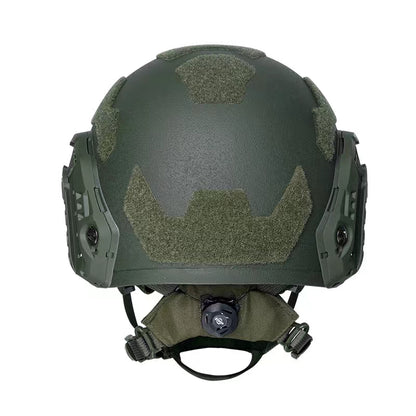 Rear view of OD Green Level IIIA FAST SF maritime tactical ballistic helmet, UHMWPE military combat helmet with hook-and-loop patches and adjustable retention system