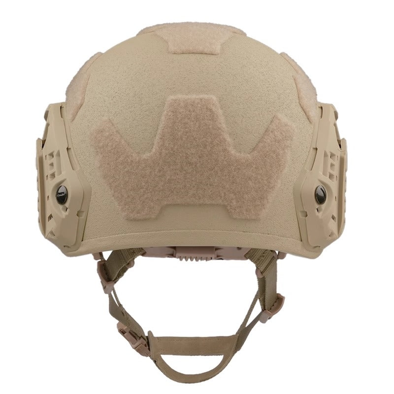Rear view of Tan Level IIIA FAST SF maritime tactical ballistic helmet, UHMWPE military combat helmet with hook-and-loop patches and adjustable retention system