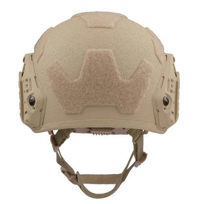 Rear view of Tan Level IIIA FAST SF maritime tactical ballistic helmet, UHMWPE military combat helmet with hook-and-loop patches and adjustable retention system