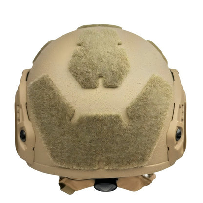Rear view of Tan Level IIIA FAST SF maritime tactical ballistic helmet, Aramid construction with full rear hook-and-loop patch surface