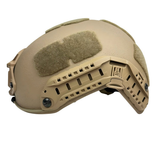 Side and rear view of Tan Level IIIA FAST SF maritime tactical ballistic helmet, Aramid construction with side rails and hook-and-loop patches
