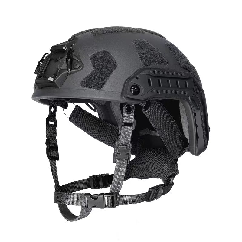 Side view of Black Level IIIA FAST SF maritime tactical ballistic helmet, UHMWPE military combat helmet with rails and hook-and-loop patches