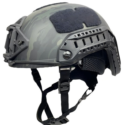 Front-side view of MC camo black Level IIIA FAST SF maritime tactical ballistic helmet, Aramid construction with side rails and hook-and-loop patches