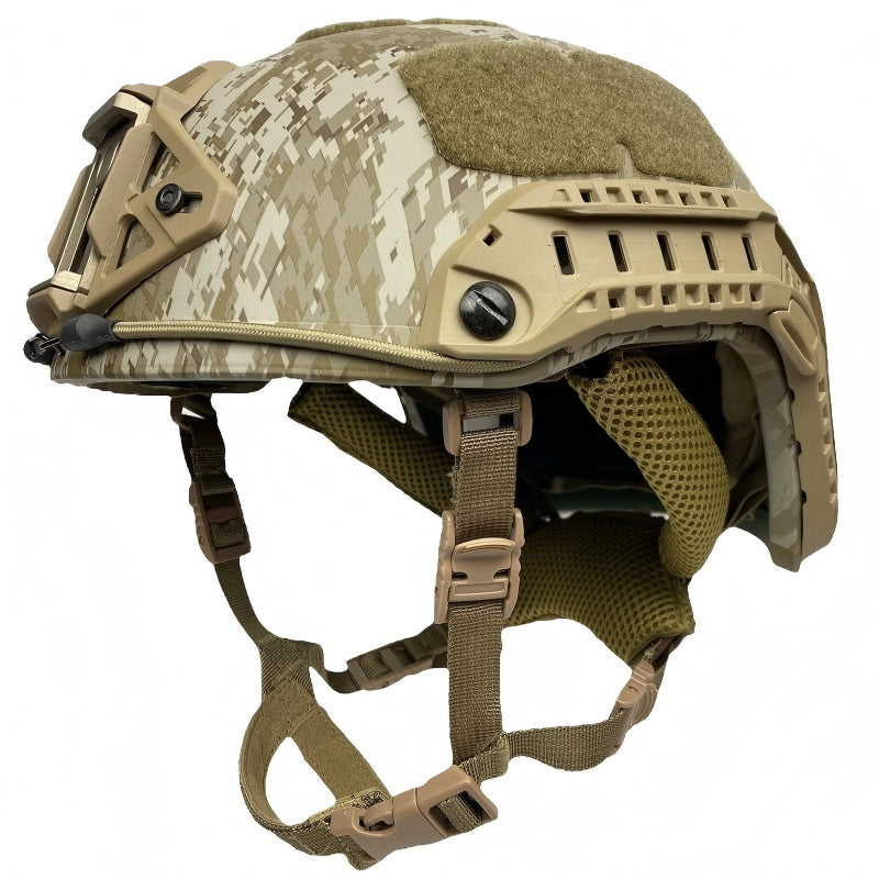 Front-side view of MC camo desert tan Level IIIA FAST SF maritime tactical ballistic helmet, Aramid construction with side rails and hook-and-loop patches