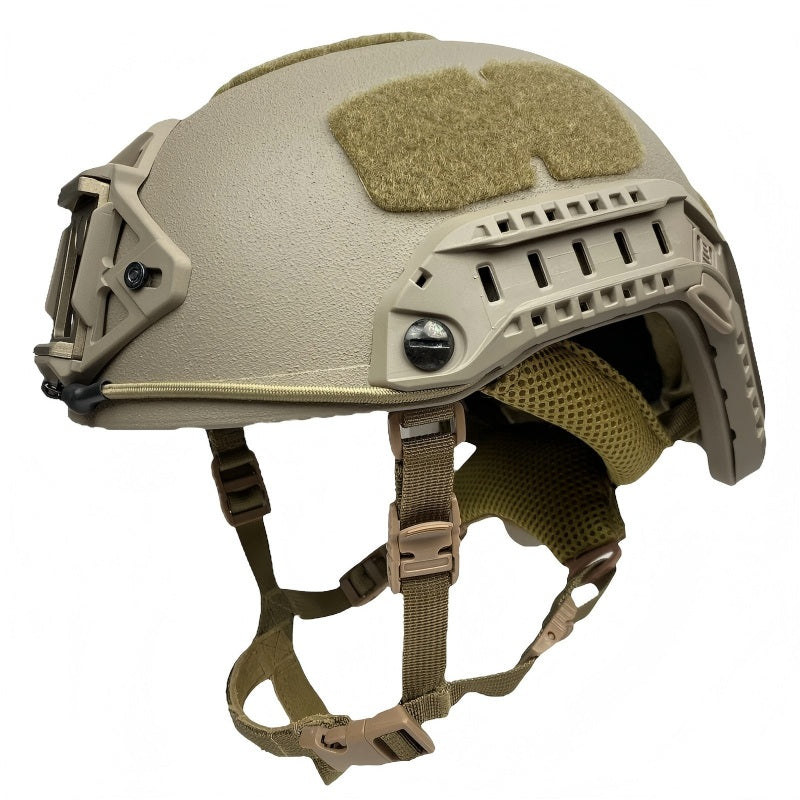 Front-side view of Tan Level IIIA FAST SF maritime tactical ballistic helmet, Aramid construction with side rails and hook-and-loop patches