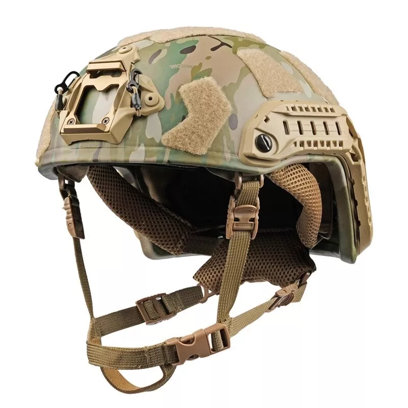 Side view of MC camo Level IIIA FAST SF maritime tactical ballistic helmet, UHMWPE military combat helmet with rails and hook-and-loop patches