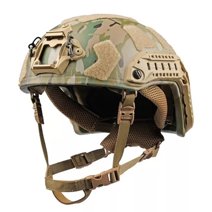 Side view of MC camo Level IIIA FAST SF maritime tactical ballistic helmet, UHMWPE military combat helmet with rails and hook-and-loop patches