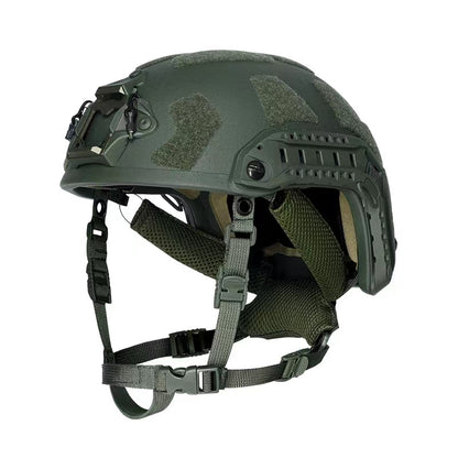Side view of OD Green Level IIIA FAST SF maritime tactical ballistic helmet, UHMWPE military combat helmet with rails and hook-and-loop patches