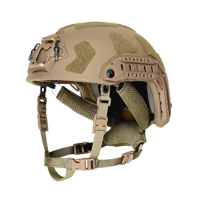 Side view of Tan Level IIIA FAST SF maritime tactical ballistic helmet, UHMWPE military combat helmet with rails and hook-and-loop patches