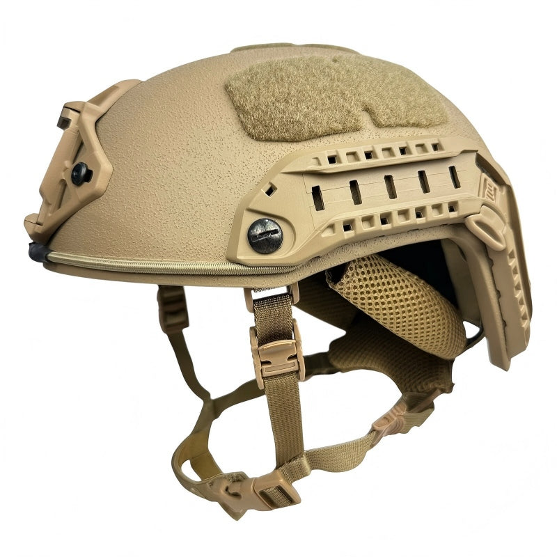 Side view of Tan Level IIIA FAST SF maritime tactical ballistic helmet, Aramid construction with side rails and hook-and-loop patches