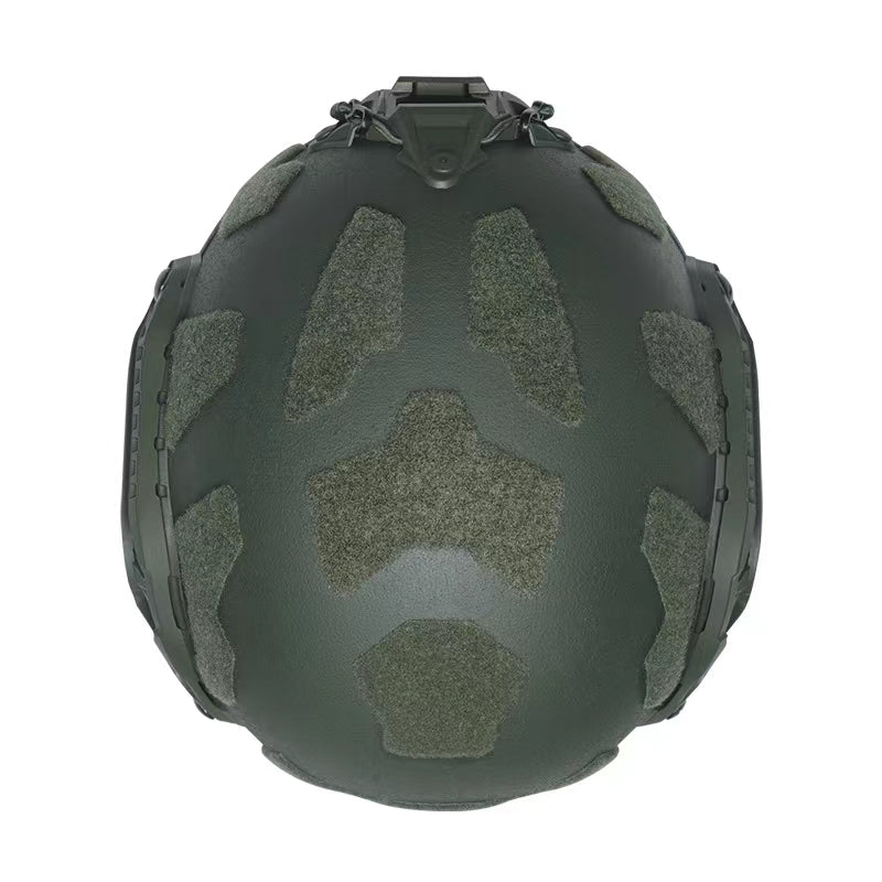 Top view of OD Green Level IIIA FAST SF maritime tactical ballistic helmet, UHMWPE military combat helmet with full hook-and-loop shell surface