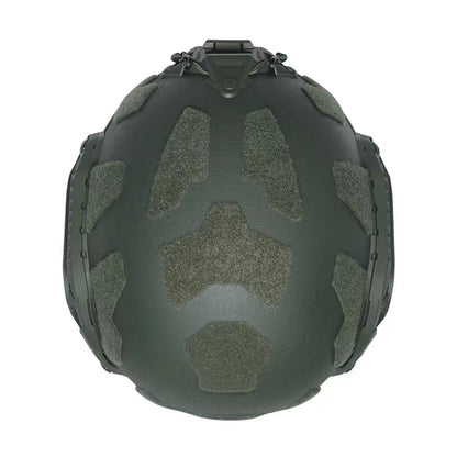 Top view of OD Green Level IIIA FAST SF maritime tactical ballistic helmet, UHMWPE military combat helmet with full hook-and-loop shell surface
