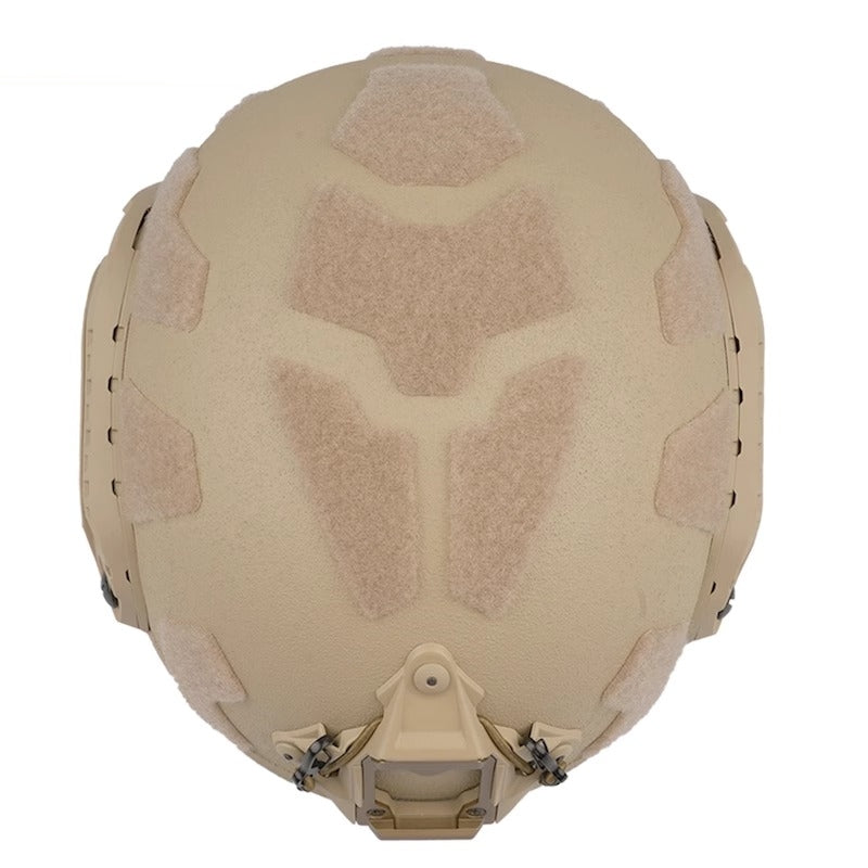 Top view of Tan Level IIIA FAST SF maritime tactical ballistic helmet, UHMWPE military combat helmet with full hook-and-loop shell surface