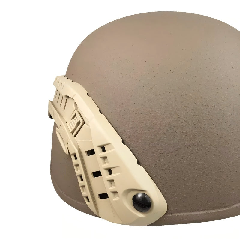 Tan MSA ARC helmet rail installed on a MICH helmet, showing fit and mounting position
