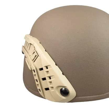 Tan MSA ARC helmet rail installed on a MICH helmet, showing fit and mounting position