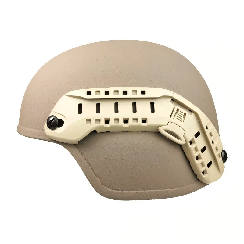 Tan MSA ARC helmet rail installed on a MICH helmet, side view showing the full rail length and attachment points