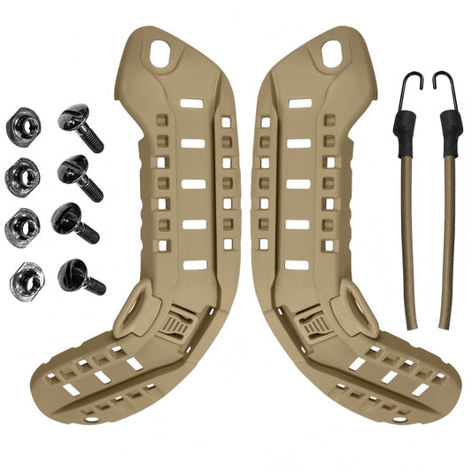 Tan color MSA ARC helmet rails with NVG bungee and mounting hardware, high-density nylon construction for MICH helmets