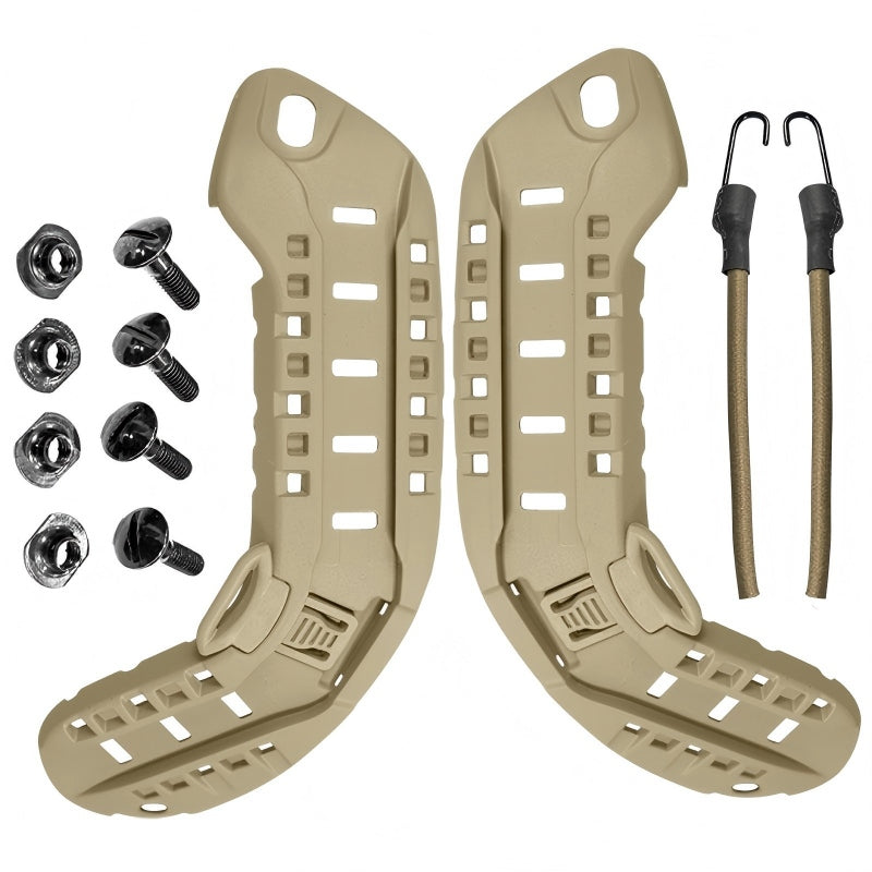 Tan color MSA ARC helmet rails with NVG bungee and mounting hardware, high-density nylon construction for MICH helmets