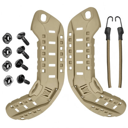 Tan color MSA ARC helmet rails with NVG bungee and mounting hardware, high-density nylon construction for MICH helmets