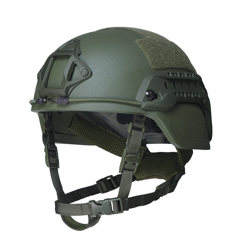 Front view OD Green Level IIIA ACH MICH2000 tactical ballistic helmet, UHMWPE military combat helmet with side rails & hook-and-loop exterior patches