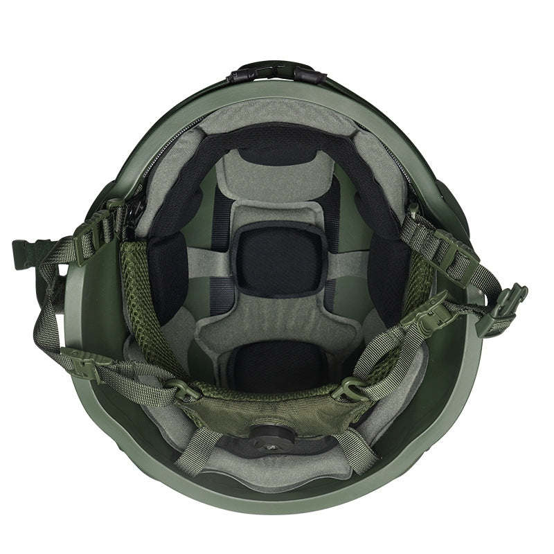 Inner closeup OD Green Level IIIA ACH MICH2000 tactical ballistic helmet, inner foam padding & retention system detail