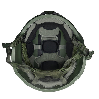 Inner closeup OD Green Level IIIA ACH MICH2000 tactical ballistic helmet, inner foam padding & retention system detail
