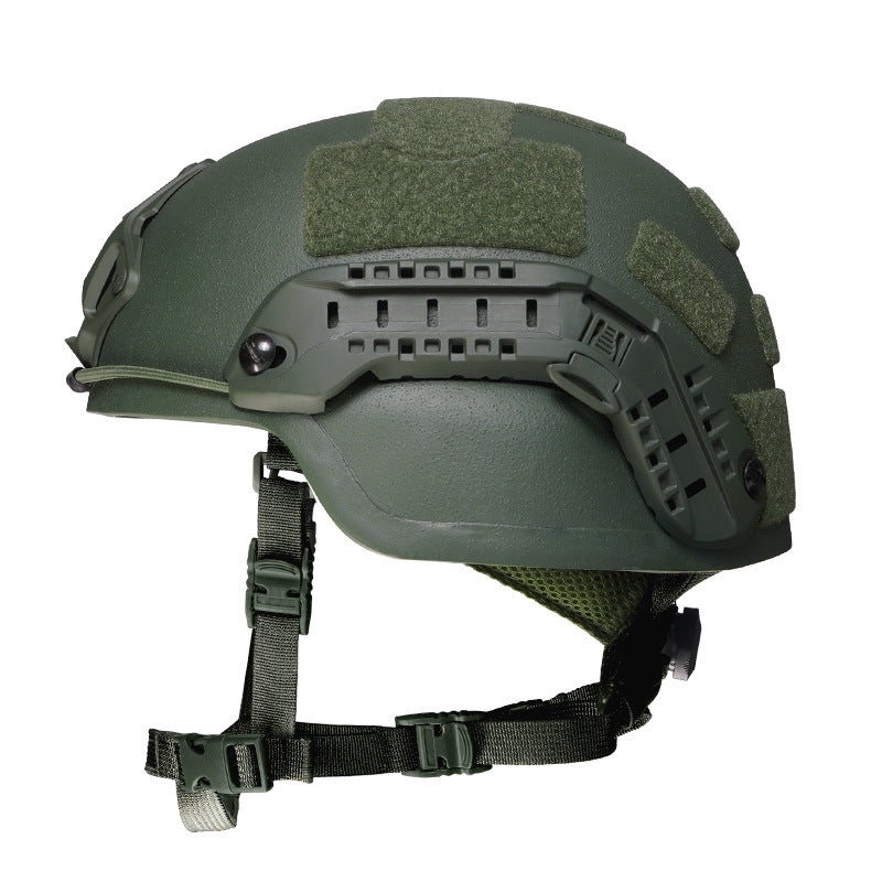 Side view OD Green Level IIIA ACH MICH2000 tactical ballistic helmet, UHMWPE military combat helmet with accessory rail system