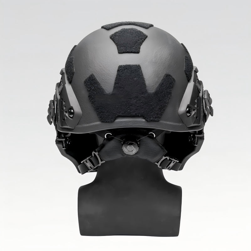 Rear view of Black Level IIIA ACH MICH2000 tactical ballistic helmet with face armor, displaying hook-and-loop shell and retention straps