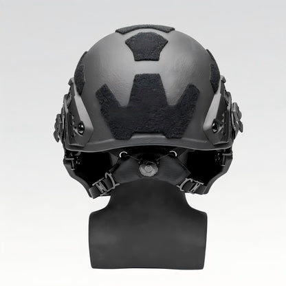 Rear view of Black Level IIIA ACH MICH2000 tactical ballistic helmet with face armor, displaying hook-and-loop shell and retention straps