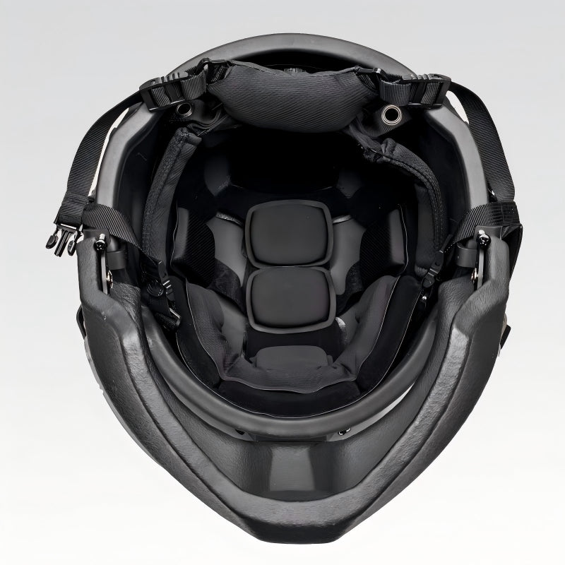 Inner padding view of Level IIIA ACH MICH2000 tactical ballistic helmet with face armor, showing suspension and comfort liner