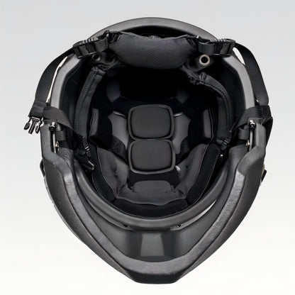 Inner padding view of Level IIIA ACH MICH2000 tactical ballistic helmet with face armor, showing suspension and comfort liner