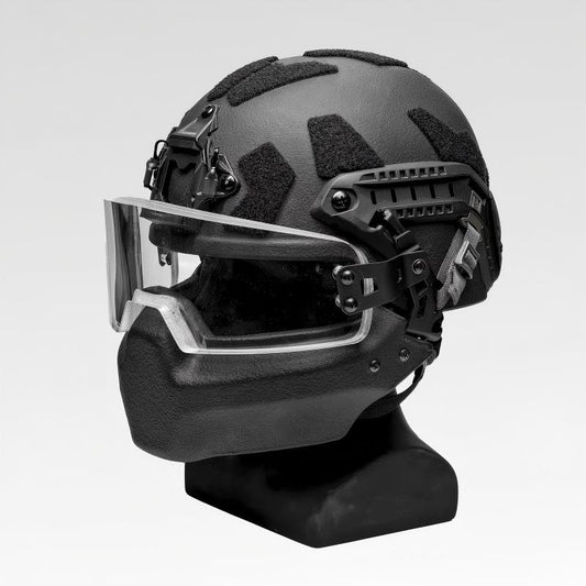 Side view of Black Level IIIA ACH MICH2000 tactical ballistic helmet with integrated face armor and clear anti-fog visor