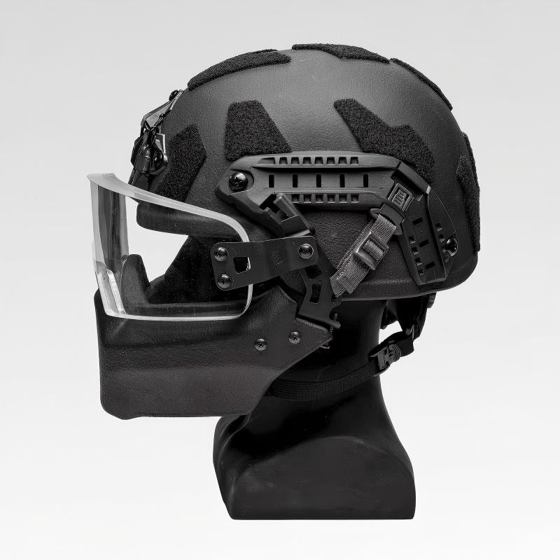 Profile view of Level IIIA ACH MICH2000 tactical ballistic helmet with face armor, showing rail system and protective mask